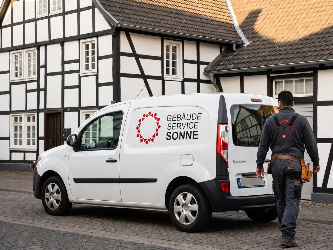Hausmeister mit Firmenfahrzeug am Objekt (Symbolbild, KI-generiert)