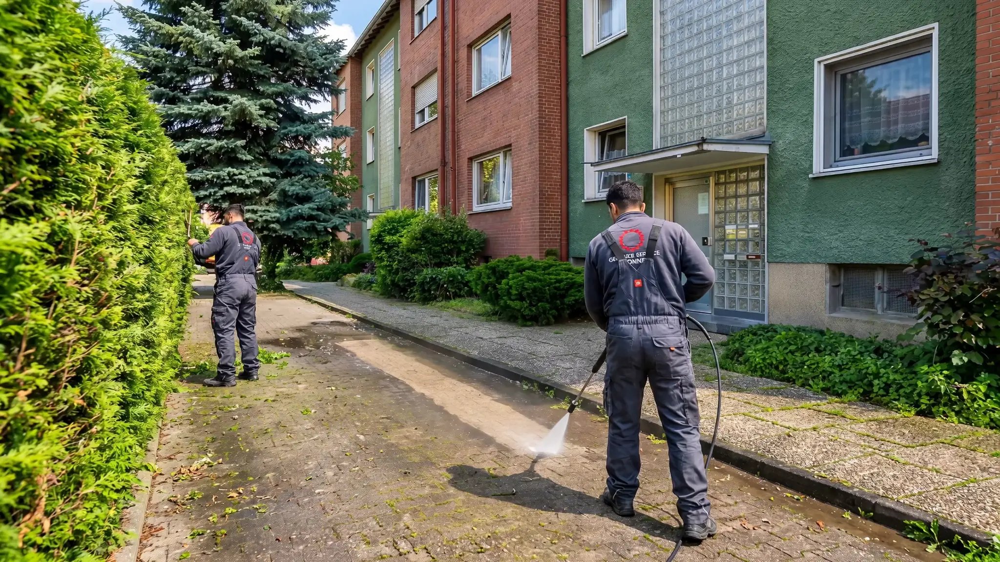 Gebäudeservice vor dem Objekt Im Ort, Dortmund (KI-generierte Szene)
